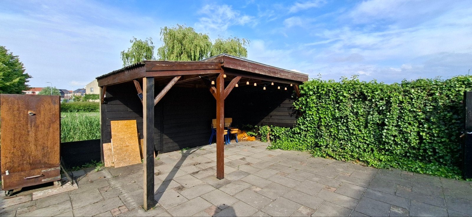 Robuuste houten overkapping met plat dak, Ophalen of Verzenden, Gebruikt, Tuinpaviljoen