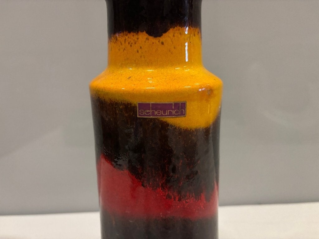 Scheurich fat lava vaas bruin met geel en rood, met etiket, Ophalen of Verzenden