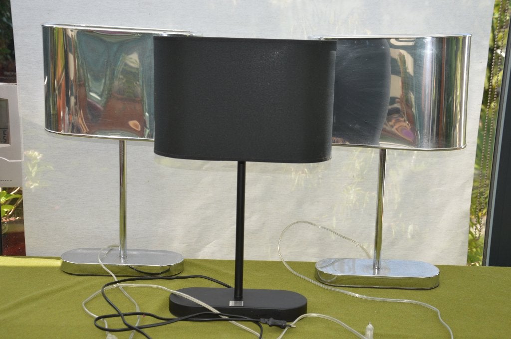 3 vintage tafellampen van Jan des Bouvrie 1 zwart 2 zilveren, Gebruikt, Overige merken, Vintage, 52 cm
