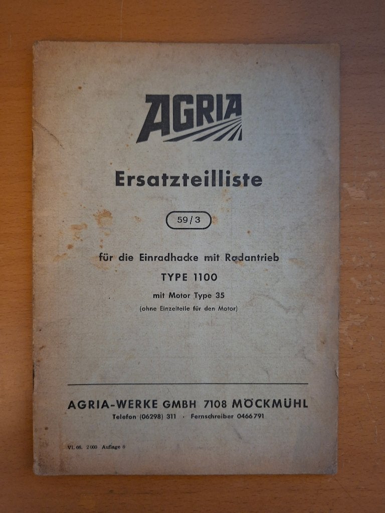 Onderdelenboek Agria eenwiel schoffel type 1100 met motor 35, Ophalen of Verzenden, Gelezen, Tractor en Landbouw