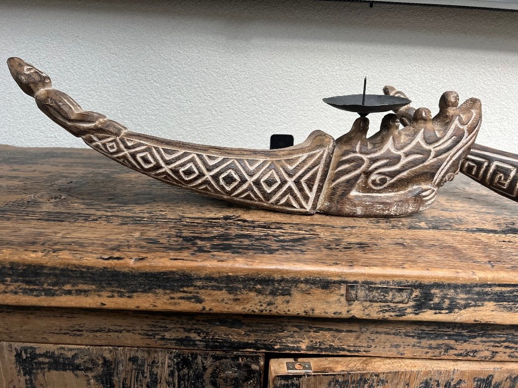 Kandelaar houtsnijwerk indonesie boot kano model groot 50cm, Bruin, Nieuw, Ophalen of Verzenden, https://verburgtvintage.nl/#contact