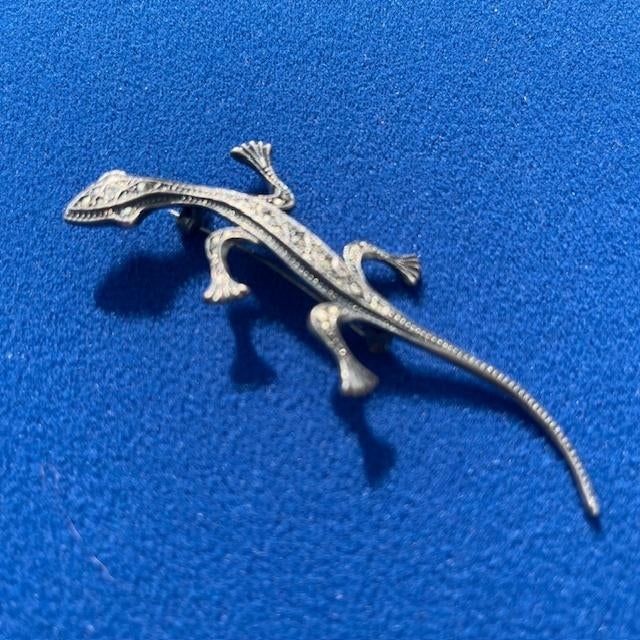 Zilveren Salamander  Hagedis Broche – Marcasiet – 8,5 cm, Sieraden, Tassen en Uiterlijk, Broches, 10 cm of meer, Gebruikt, Ophalen of Verzenden