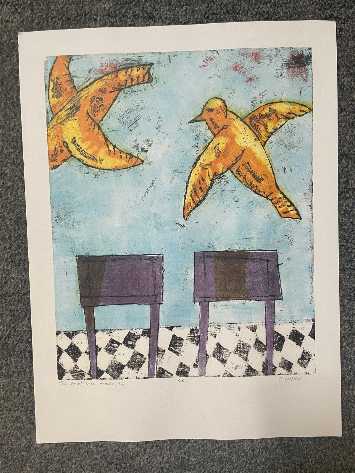 Vliegende vogels en tafels - ets ‘the emotional birds’, Antiek en Kunst, Ophalen of Verzenden, 1950 - 1999, Ets, Flora en Fauna