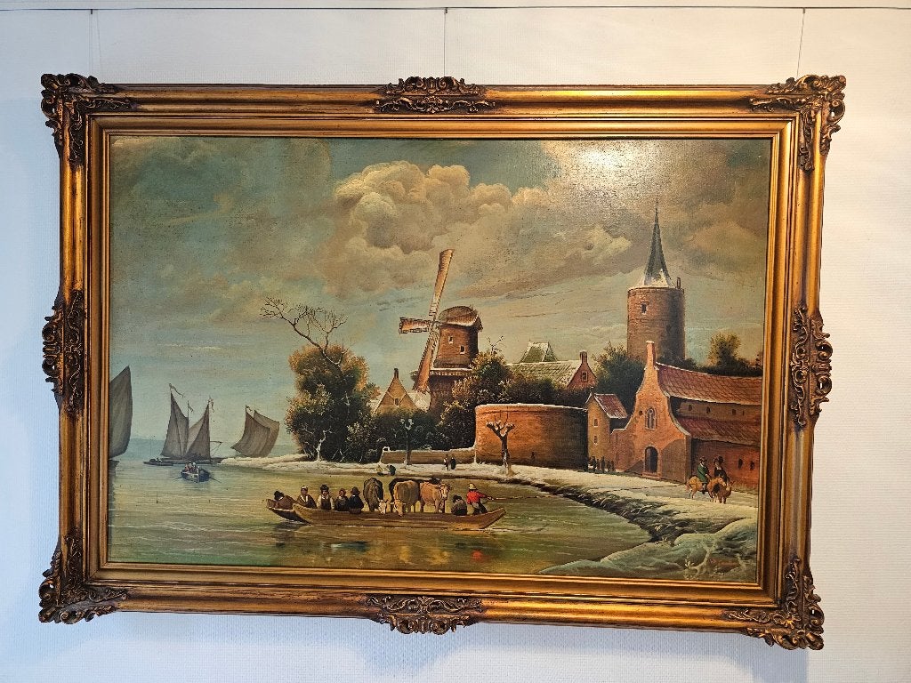 Groot middeleeuws schilderij - Winterlandschap, Antiek en Kunst, Ophalen, Ingelijst