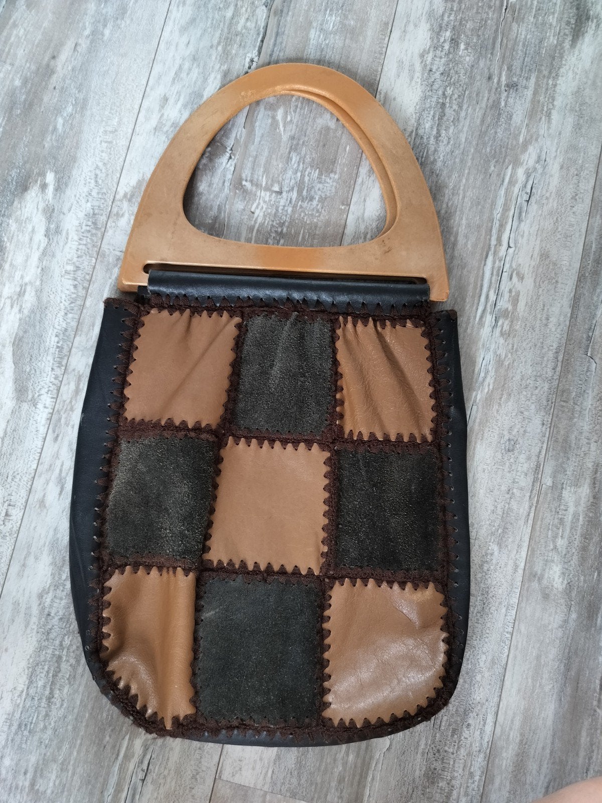 Vintage leren patchwork tas, Ophalen of Verzenden, Zo goed als nieuw, Bruin, Handtas