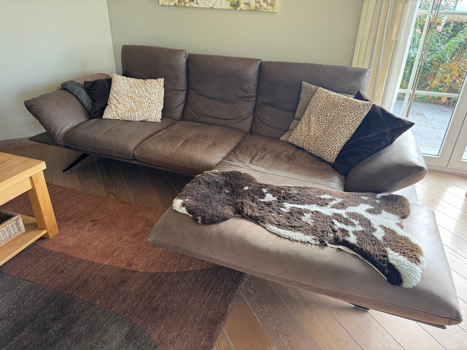Lederen hoekbank met chaise longue, Ophalen, 250 tot 300 cm, Gebruikt, Leer