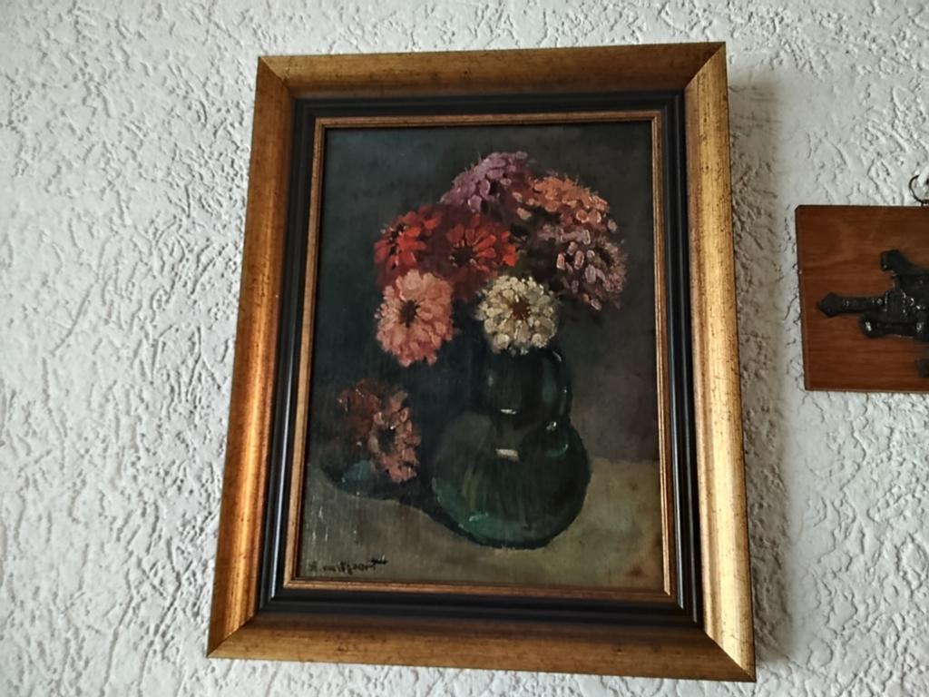 Vintage stilleven bloemen schilderij in lijst, Ophalen of Verzenden