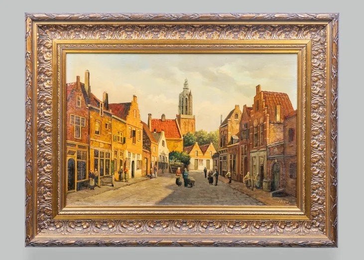 Schilderij: romantische Hollandse school, Stadsgezicht, Antiek en Kunst, Kunst | Schilderijen | Klassiek, Ophalen, Paneel, Nederlandse school