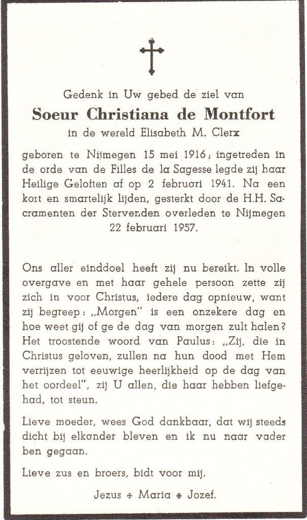 Nijmegen 1916 - 1957 Elisabeth Clerx, Ophalen of Verzenden, Bidprentje