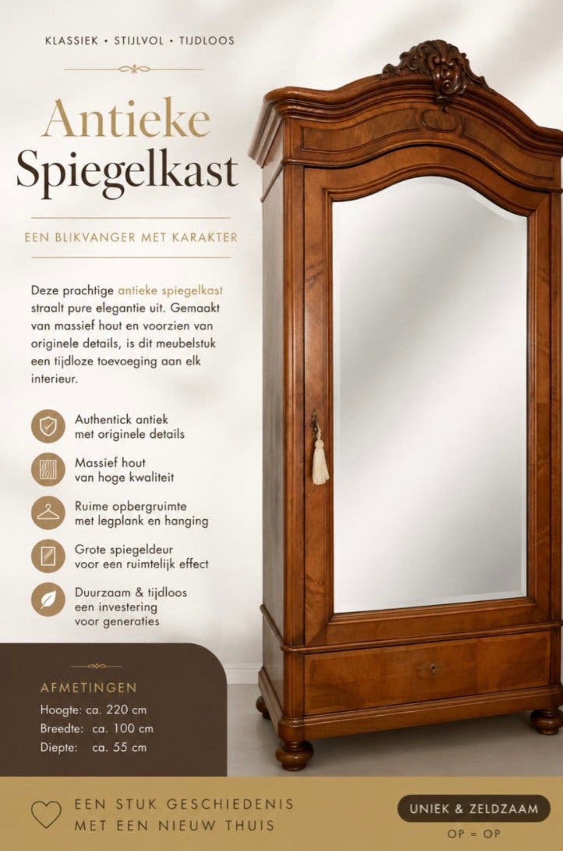 LODEWIJK XV antiek 240 cm hoge SPIEGELKAST spiegelglas MOOI!, Antiek en Kunst, Ophalen