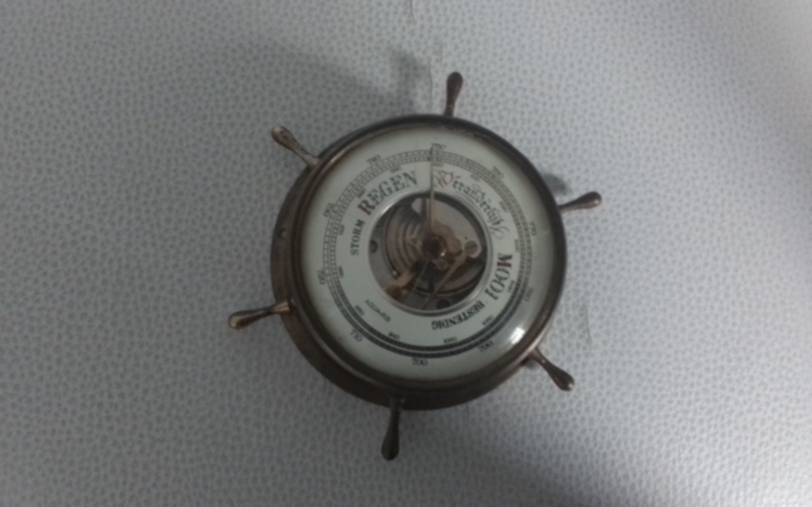 Antieke scheepsbarometer in stuurwielvorm rond 8.5 cm, Ophalen of Verzenden, Gebruikt, Barometer