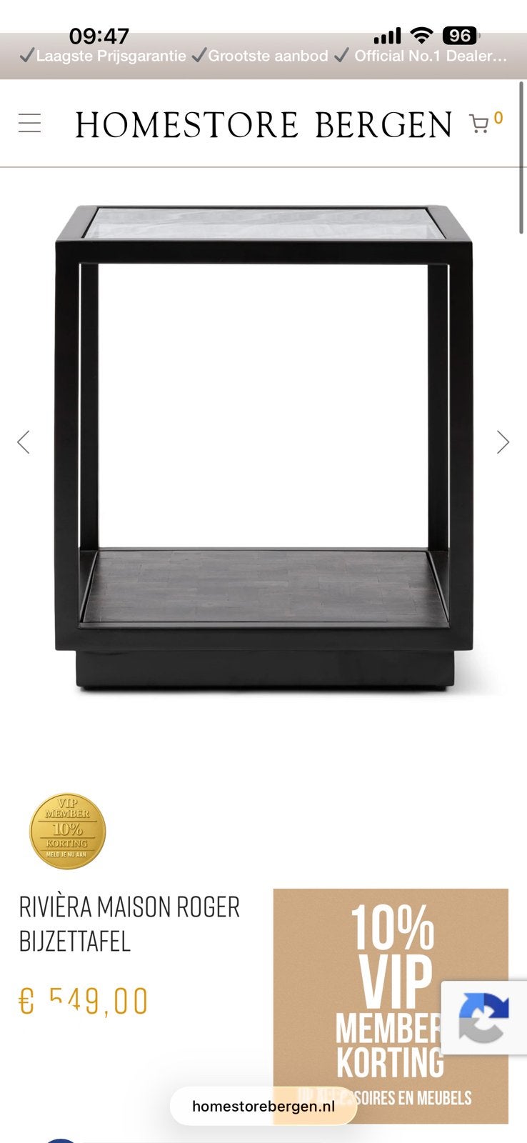 Riviera Maison bijzettafel display etalage metaal en glas, Ophalen, Minder dan 55 cm, Rond, Glas