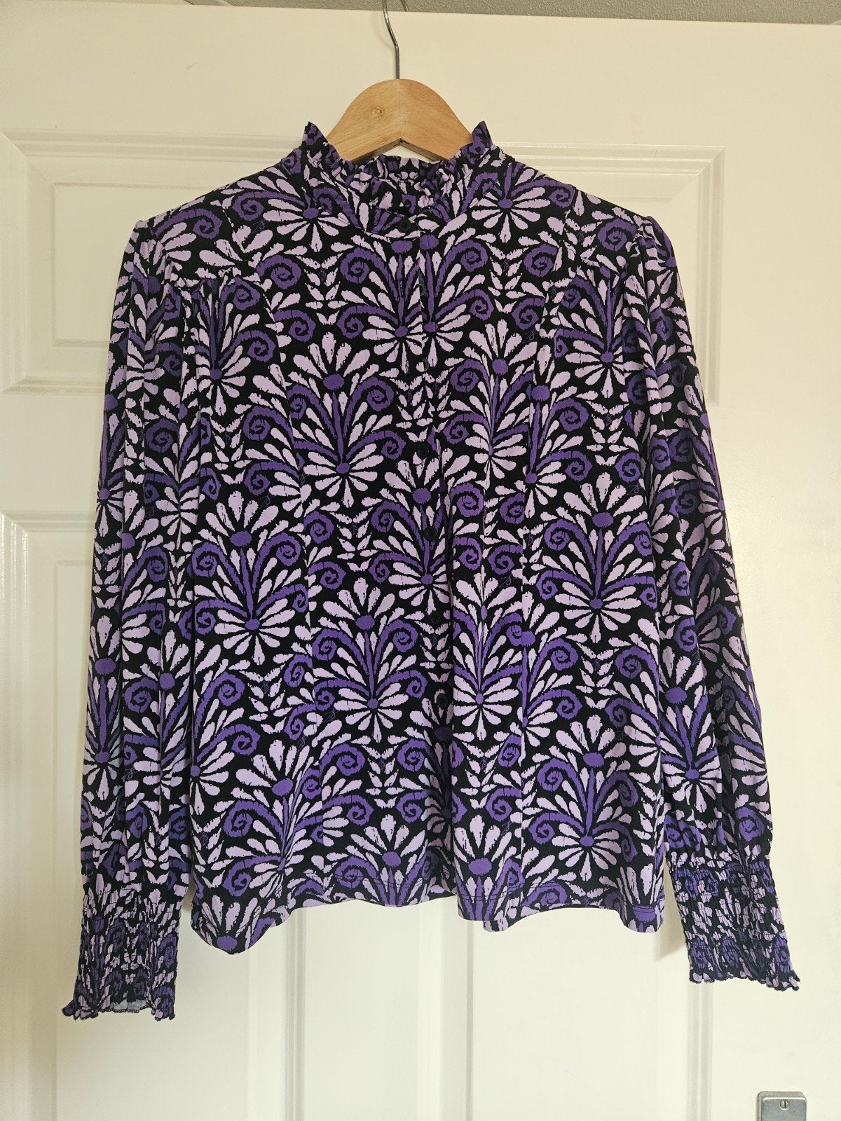 Blouse travelstof paarse bloemen mt XL, Paars, Maat 42/44 (L), Ophalen of Verzenden, Gedragen