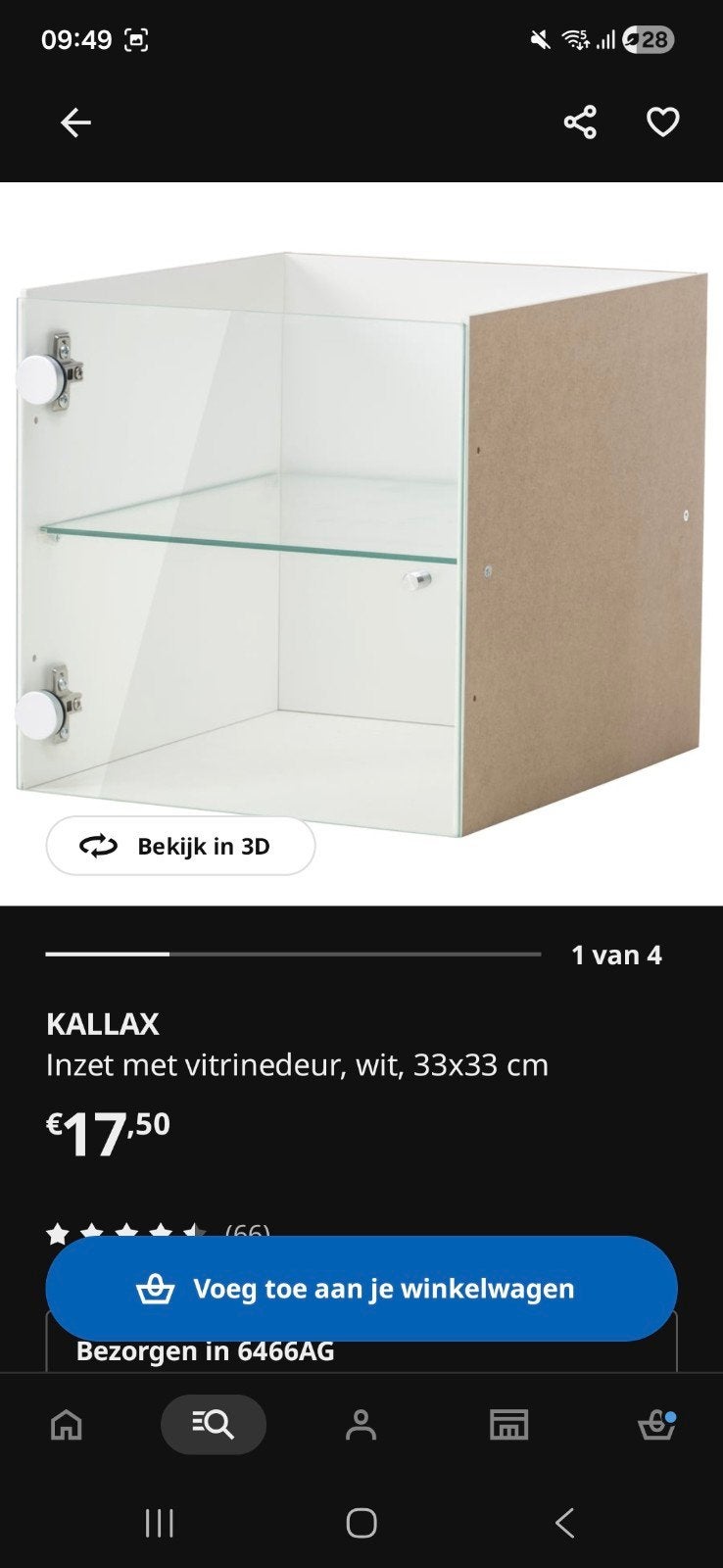 KALLAX Inzet met vitrinedeur, wit, 33x33 cm, Ophalen, Minder dan 50 cm, Met deur(en), Modern, functioneel