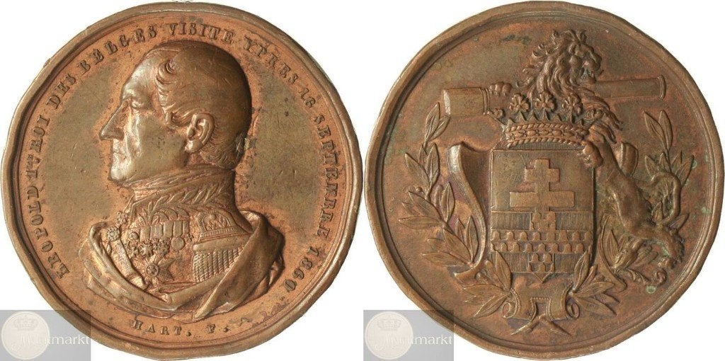 België - Historiepenning 1860 Leper 'Koninklijk bezoek', Postzegels en Munten, Penningen en Medailles, Ophalen of Verzenden, Brons