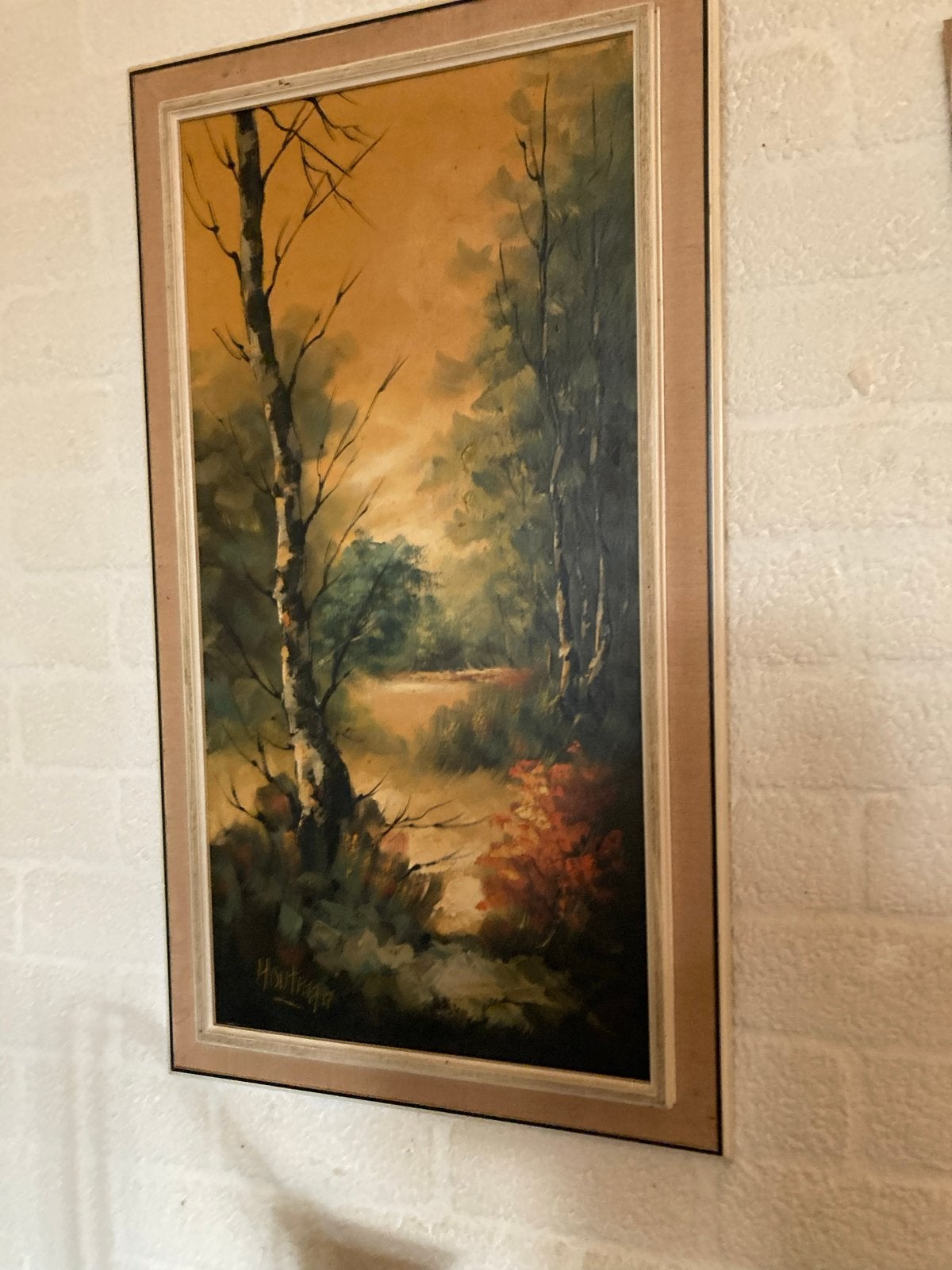 Schilderij: Boslandschap met water, gesigneerd Houtkamp, Doek, Realistisch, Ophalen of Verzenden, Gesigneerd