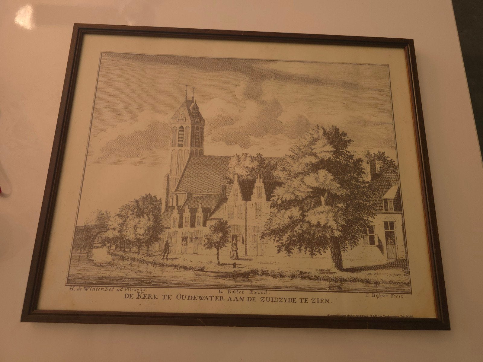 Antieke Ets: De Kerk te Oudewater aan de Zuidzijde te Zien, Ets, Stadsgezicht, Ingelijst, Ophalen of Verzenden