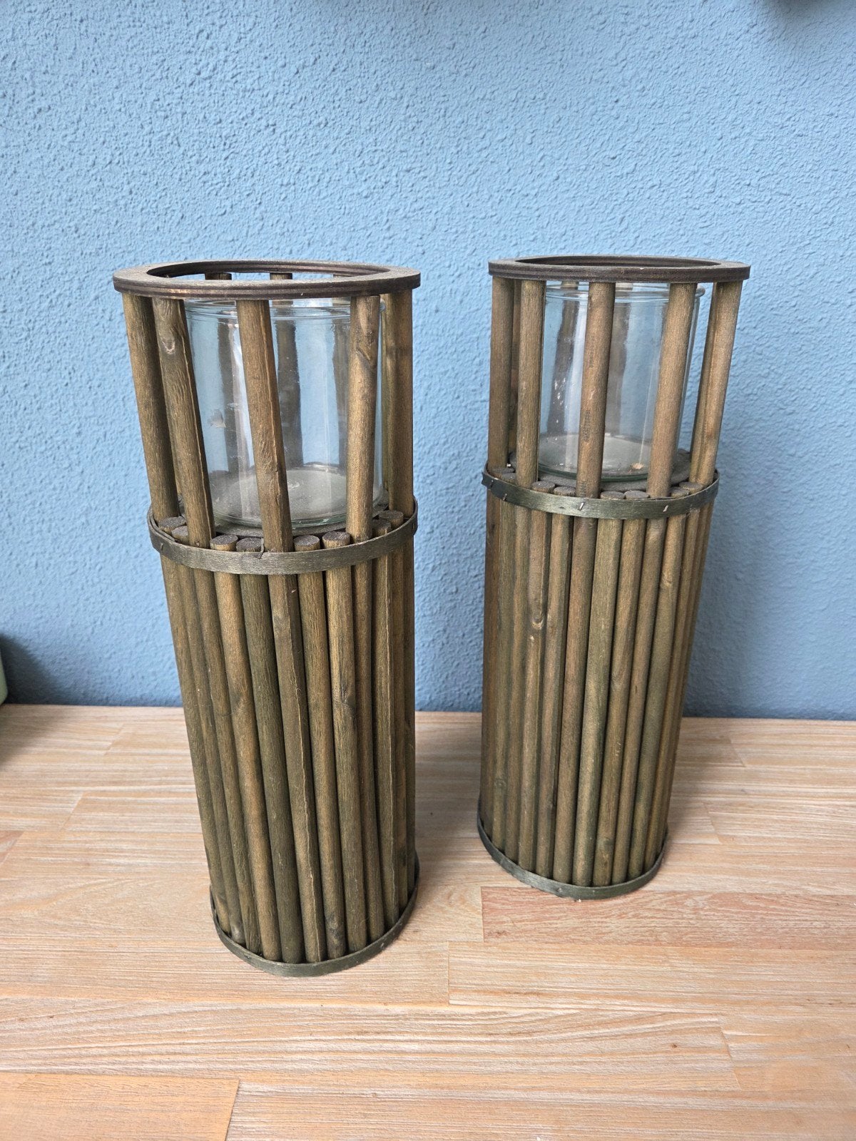 Set van 2 houten windlichten met glazen inzet, Huis en Inrichting, Ophalen, Windlicht, Gebruikt, Bruin