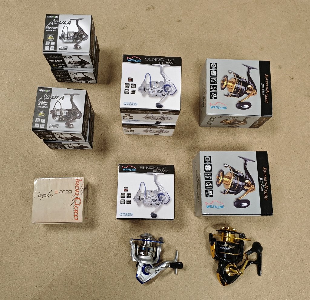 Partij 10x spinmolens # westline # saenger # iron claw, Ophalen of Verzenden, Nieuw, Molen