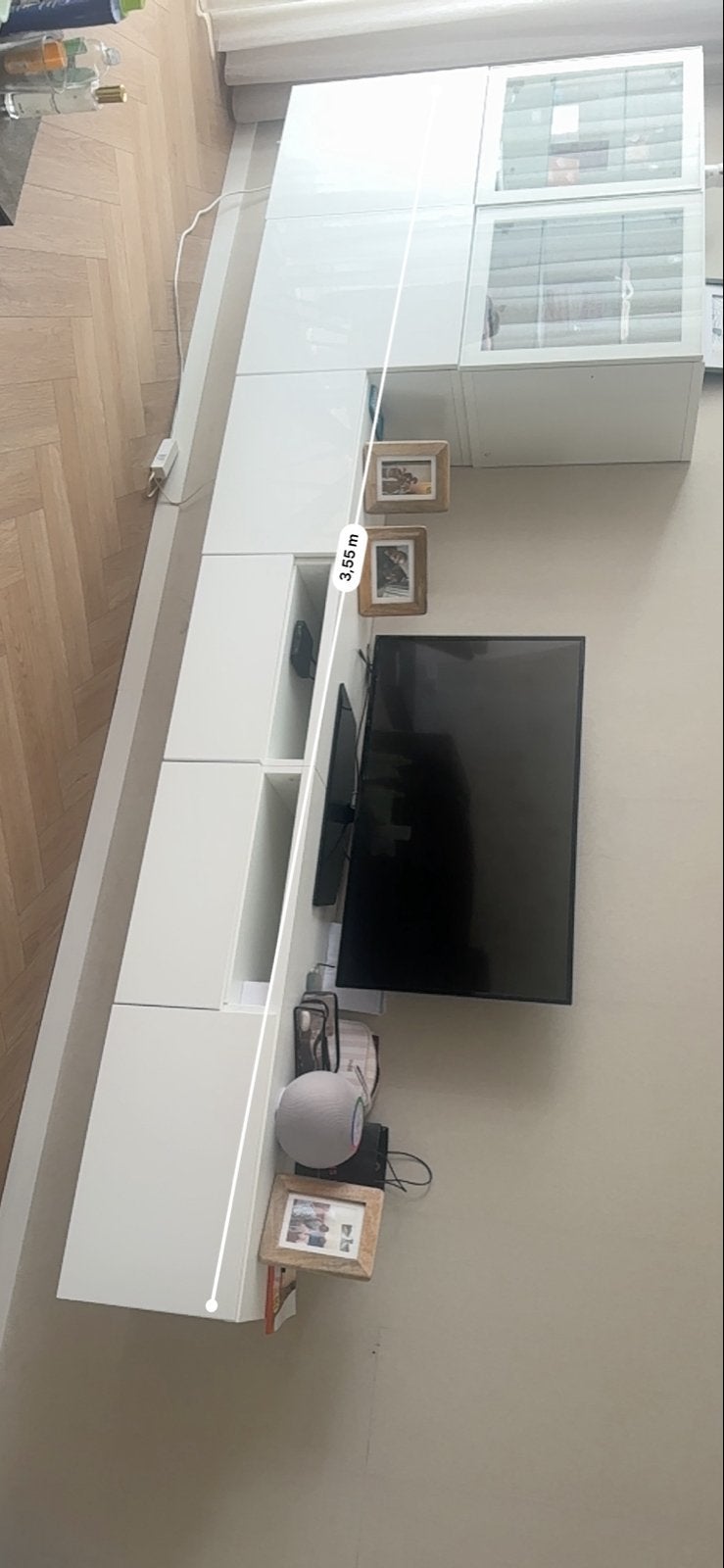 IKEA Besta TV-meubel wit hoogglans - 3.55m breed, Kunststof, Gebruikt, Ophalen of Verzenden, 200 cm of meer