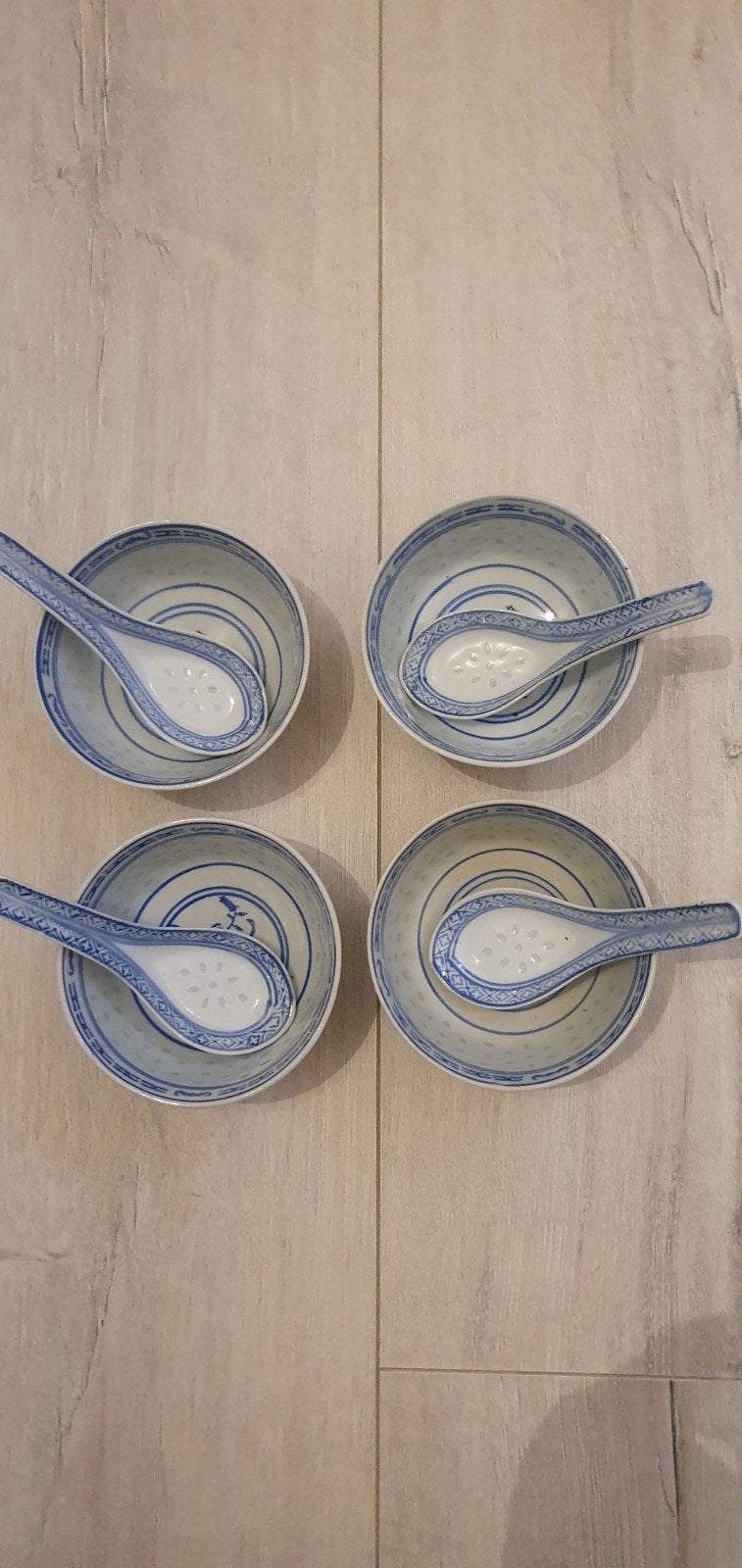 Set van 4 Chinese rijstkommen met lepels, blauw/wit, Ophalen of Verzenden