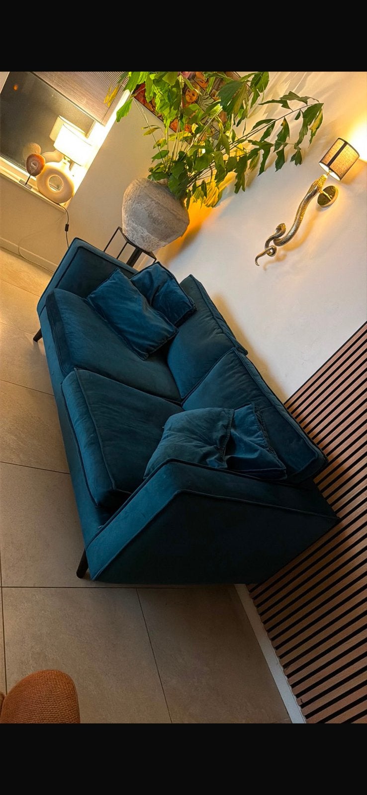 Prachtige 3 persoons bank + stoel Velvet Blauw, Ophalen, Zo goed als nieuw, 75 tot 100 cm, Stof