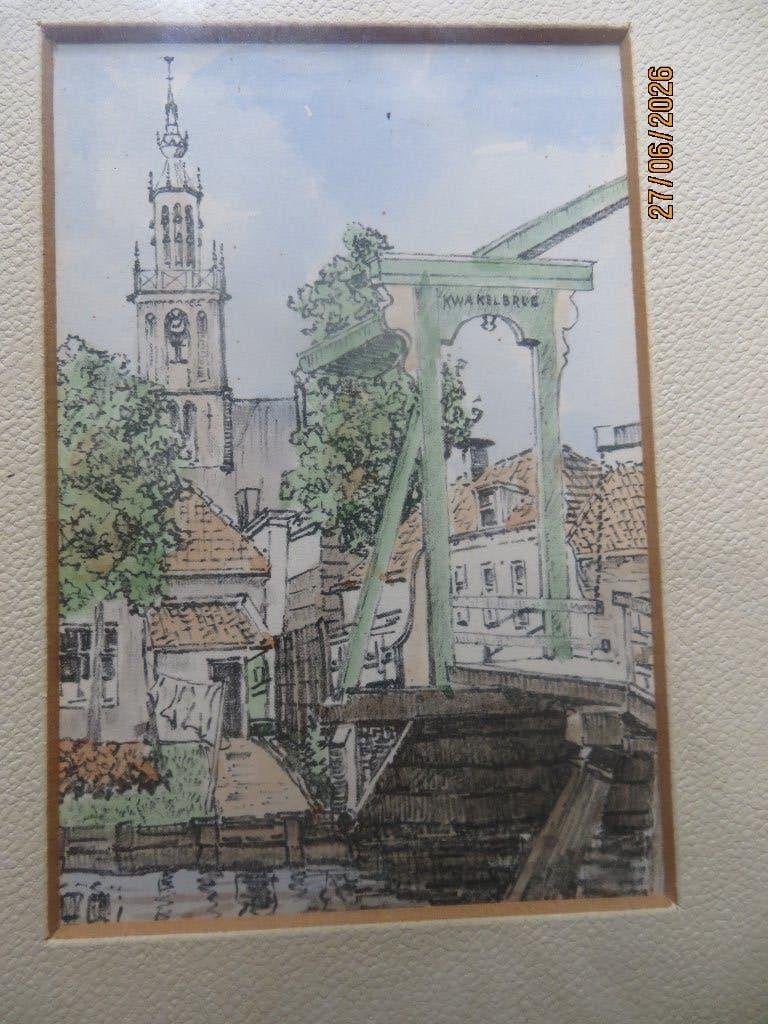 Leuke kleine aquarel Edam met klapbrug mooi lijstje, Ophalen, Aquarel, Stads- / dorpsgezicht, Papier