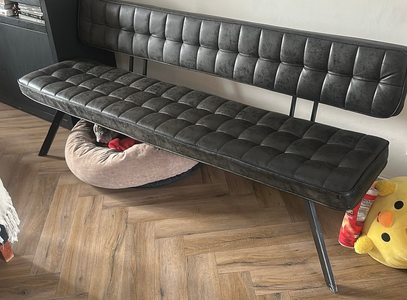 Eettafelbank 180 cm breed, zithoogte 45 cm, zitdiepte 43 cm, Ophalen, Gebruikt, Metaal