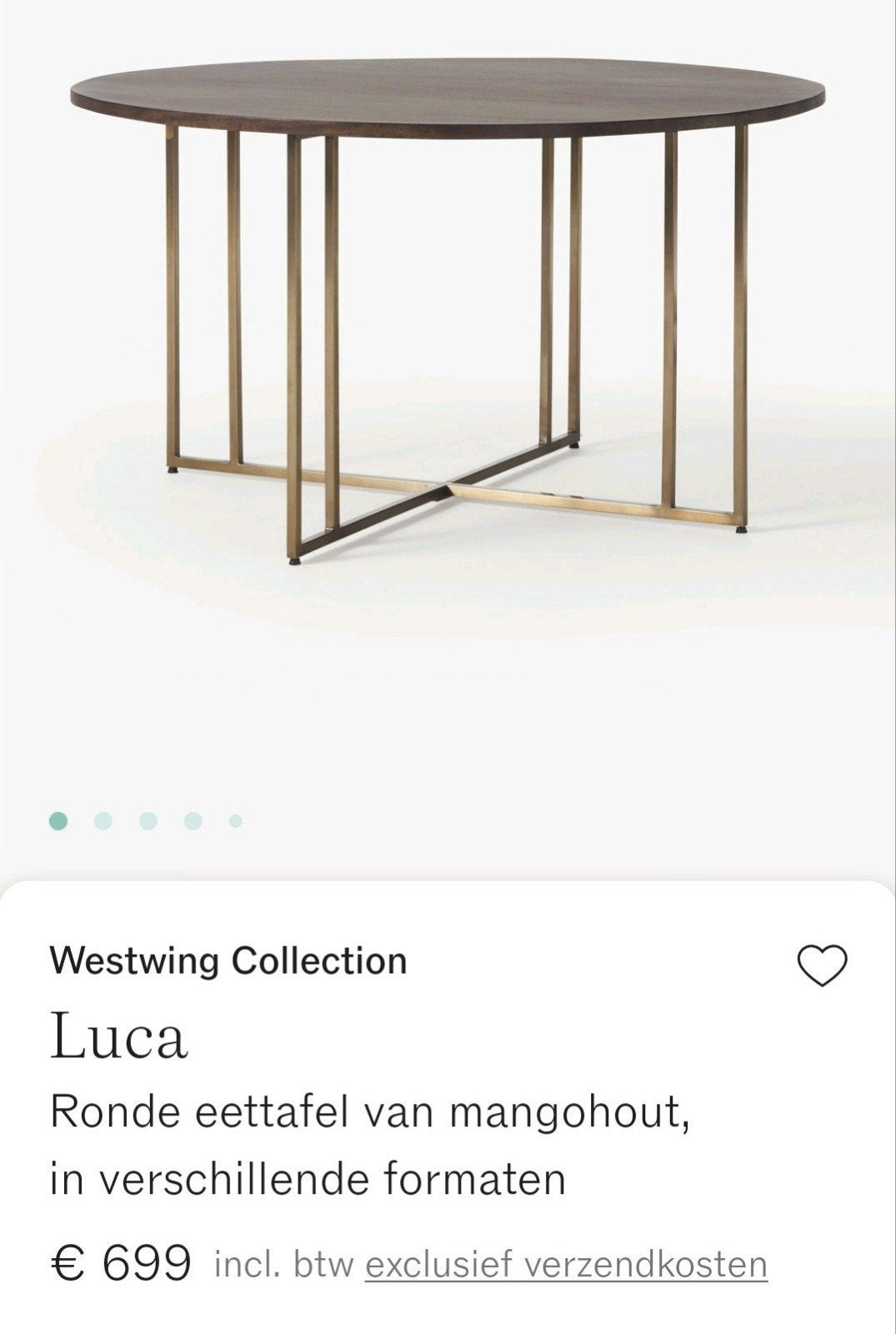 Eettafel Luca van Westwing rond 120 diameter hout messing, Huis en Inrichting, Tafels | Eettafels, Ophalen, Rond, Zo goed als nieuw