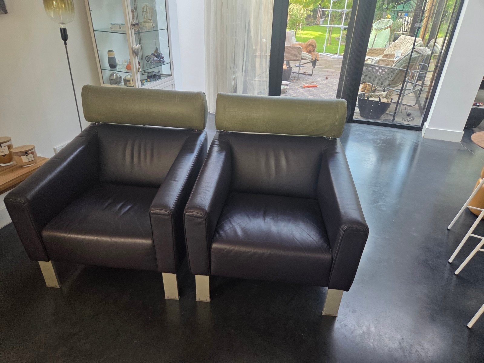 2x Vintage Leolux Fauteuils Leer - Donkerpaars/Groen (1991), Ophalen, Gebruikt, Minder dan 75 cm, Leer