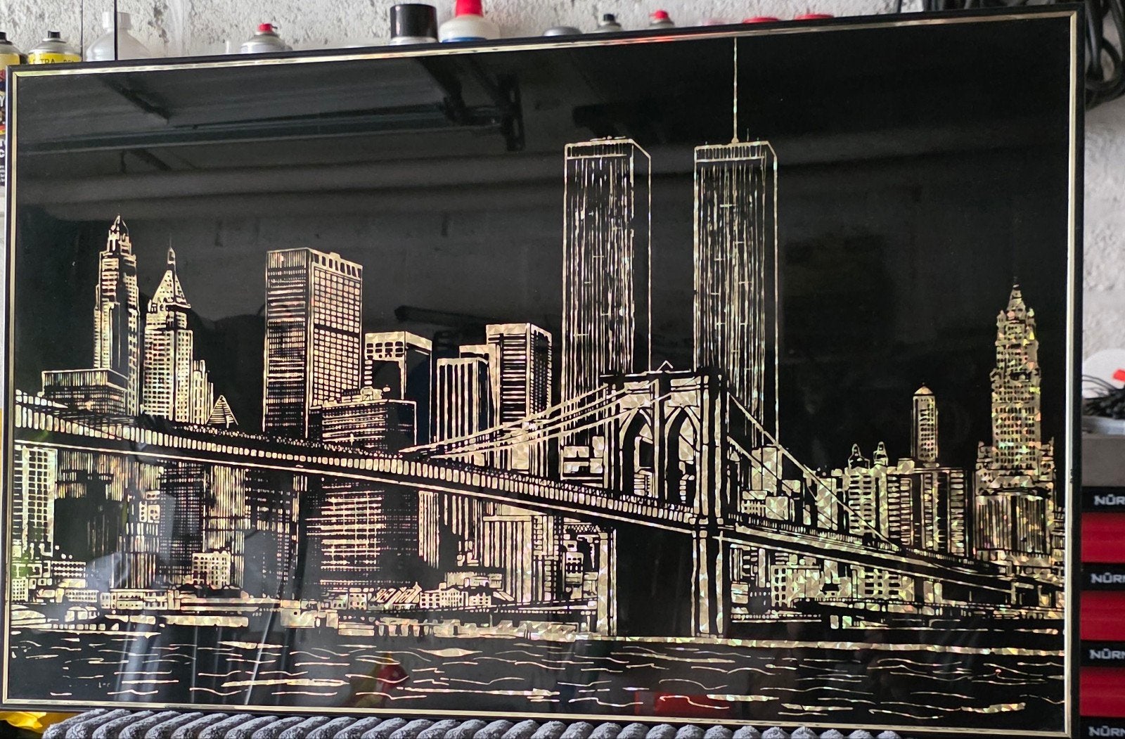 Twin Towers & Brooklyn Bridge op Zwart - 81x51CM, Ophalen of Verzenden