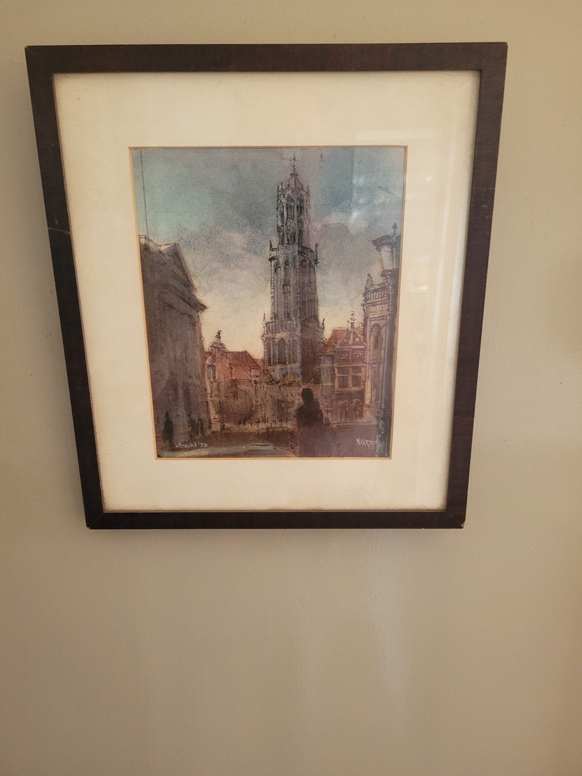 Stadsgezicht Utrecht '78 - Gesigneerd N. Kartov, Ophalen, Realistisch, Origineel werk, Aquarel