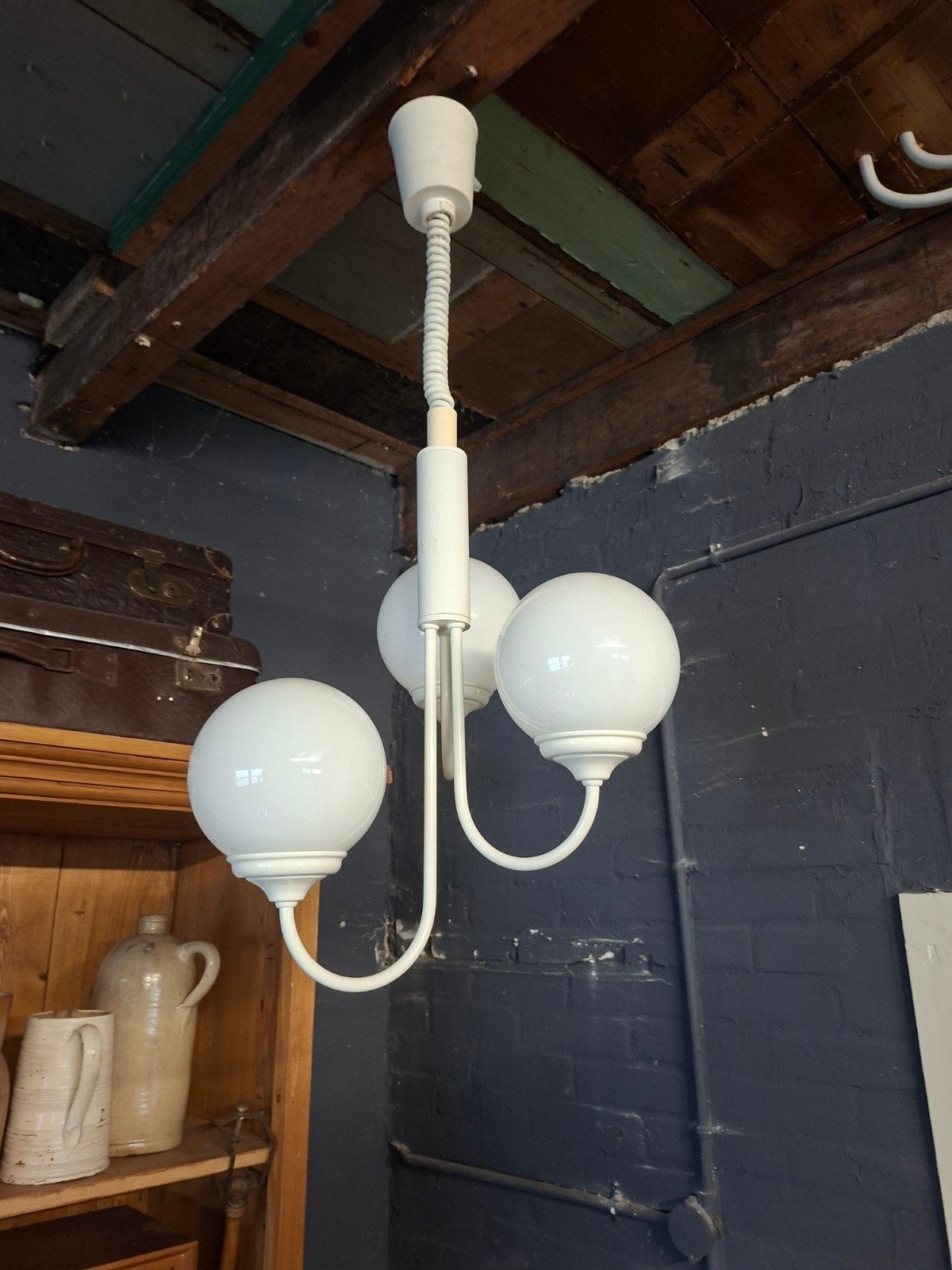 Vintage Witte Bol Lamp Plafondlamp met 3 Lichtpunten, Gebruikt, Glas, Vintage, Retro, Modern, E27 (groot)