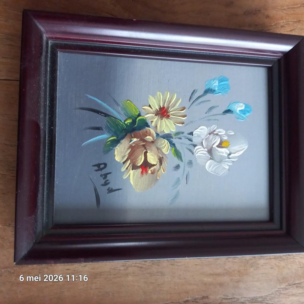 2x Handgeschilderde olieverf schilderijtjes met bloemen, Ophalen of Verzenden
