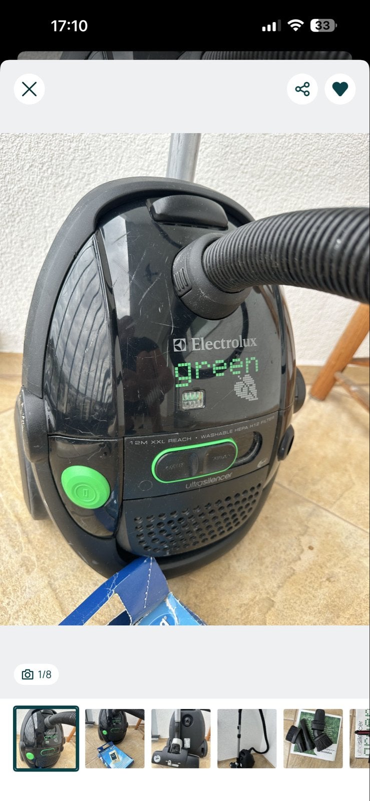 Electrolux UltraSilencer Green stofzuiger met HEPA H12, Inclusief accessoires, Zo goed als nieuw, Sledestofzuiger, Ophalen