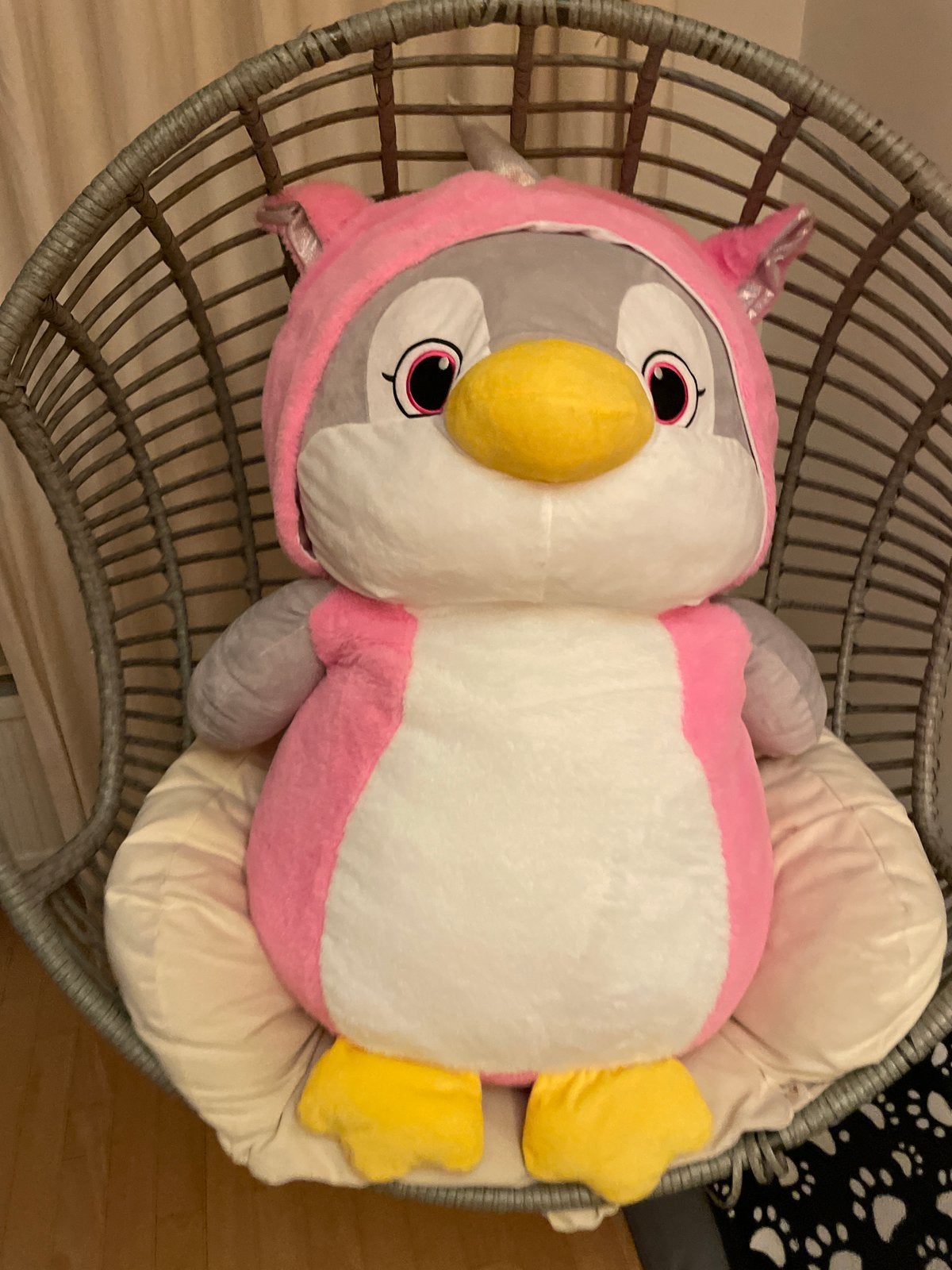 Grote roze knuffel - Pinguïn met eenhoorn capuchon, Ophalen, Pinguïn, Zo goed als nieuw, Roze