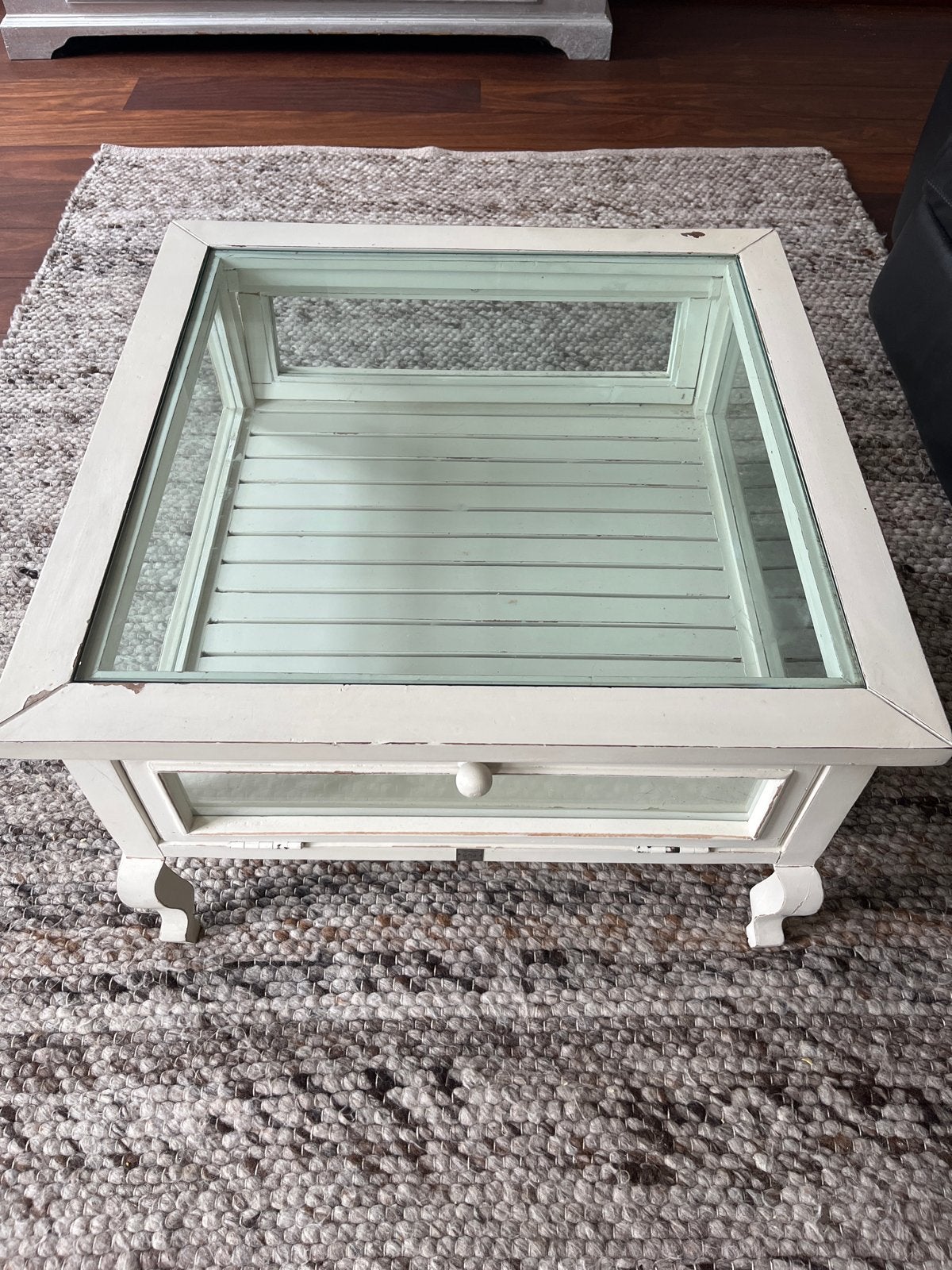 Salontafel met glazen blad en lade, 70x70x44 cm, Ophalen, 50 – 75, Gebruikt, Vierkant