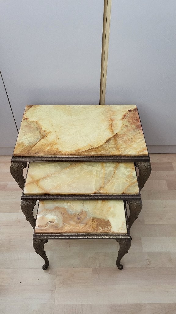 Messing onyx bijzettafel 3 delig, Huis en Inrichting, Tafels | Bijzettafels, Minder dan 55 cm, Gebruikt, Metaal of Aluminium, Rechthoekig