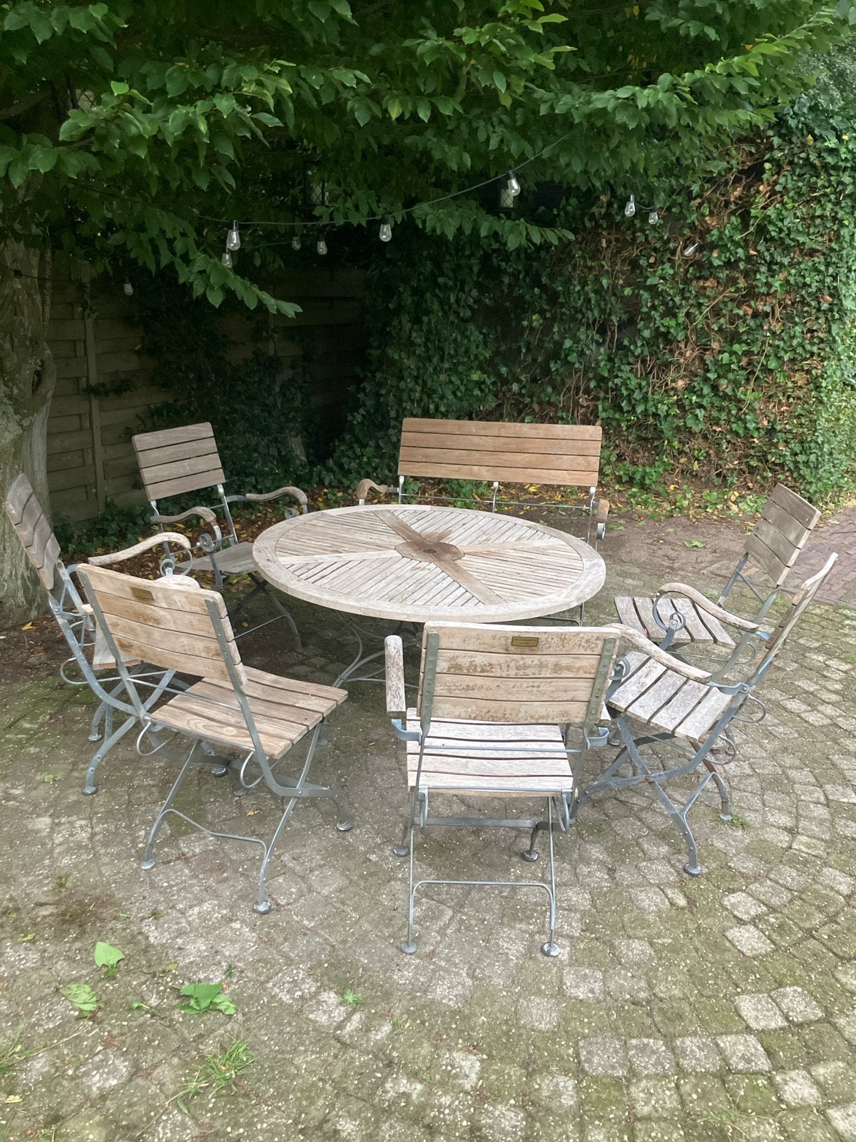 Teakhouten Bistro Tuinset met Tafel, Stoelen en Bankje, Tuin en Terras, Ophalen, Gebruikt, Meer dan 8 zitplaatsen, Teakhout