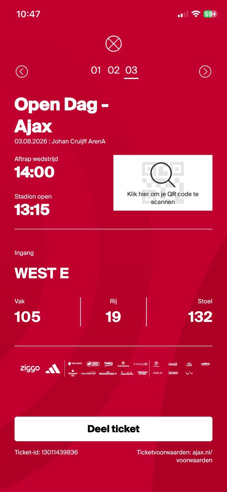3 Kaarten ajax open dag business seat, Twee personen, Augustus