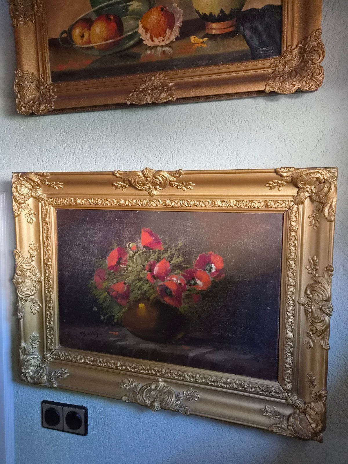 Schilderij met klaprozen in vaas, gesigneerd, olieverf, Antiek en Kunst, Ophalen of Verzenden