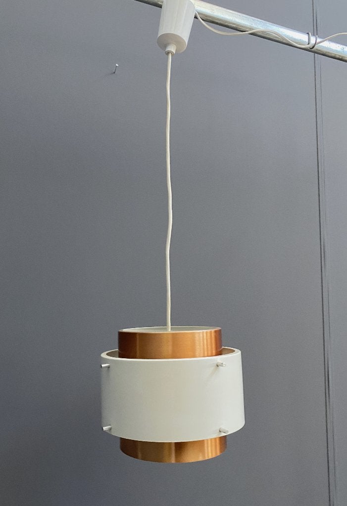 60 jaren Arnsdorf hang lamp metaal VEB wit met koper kleur, Metaal, Gebruikt, Vintage design, E27 (groot)