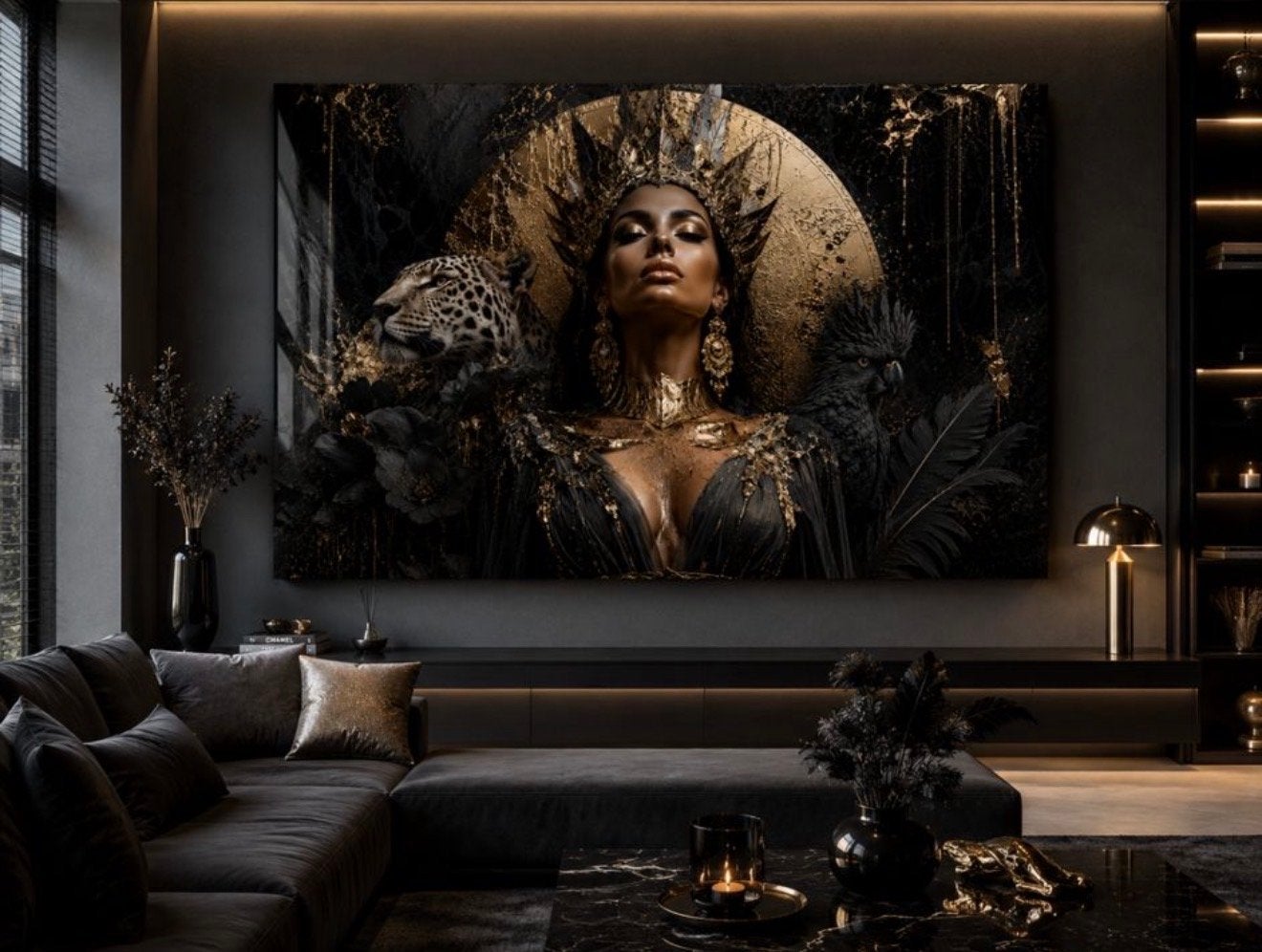 Nieuw plexiglas schilderij 120x80cm - Gouden Koningin, Ophangklaar, Figuren, Kunststof, Ophalen of Verzenden