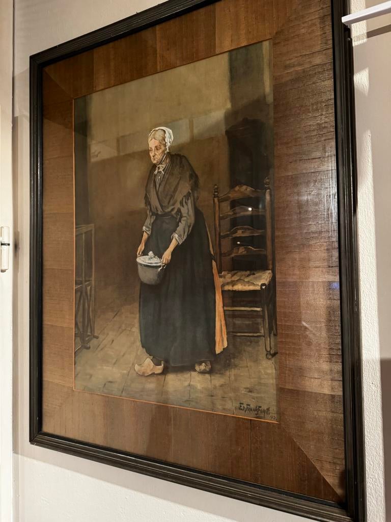 Antieke aquarel 'Vrouw met klompen' gesigneerd Ed. Franke, Antiek en Kunst, Kunst | Schilderijen | Klassiek, Ophalen