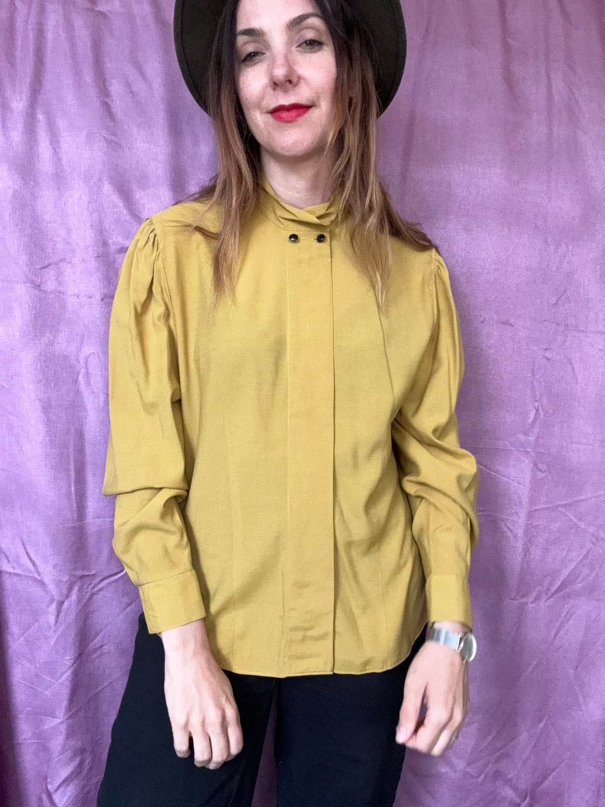 Vintage gele blouse - geel - mostergeel - 42/XL, Hgv, Maat 42/44 (L), Ophalen of Verzenden, Gedragen