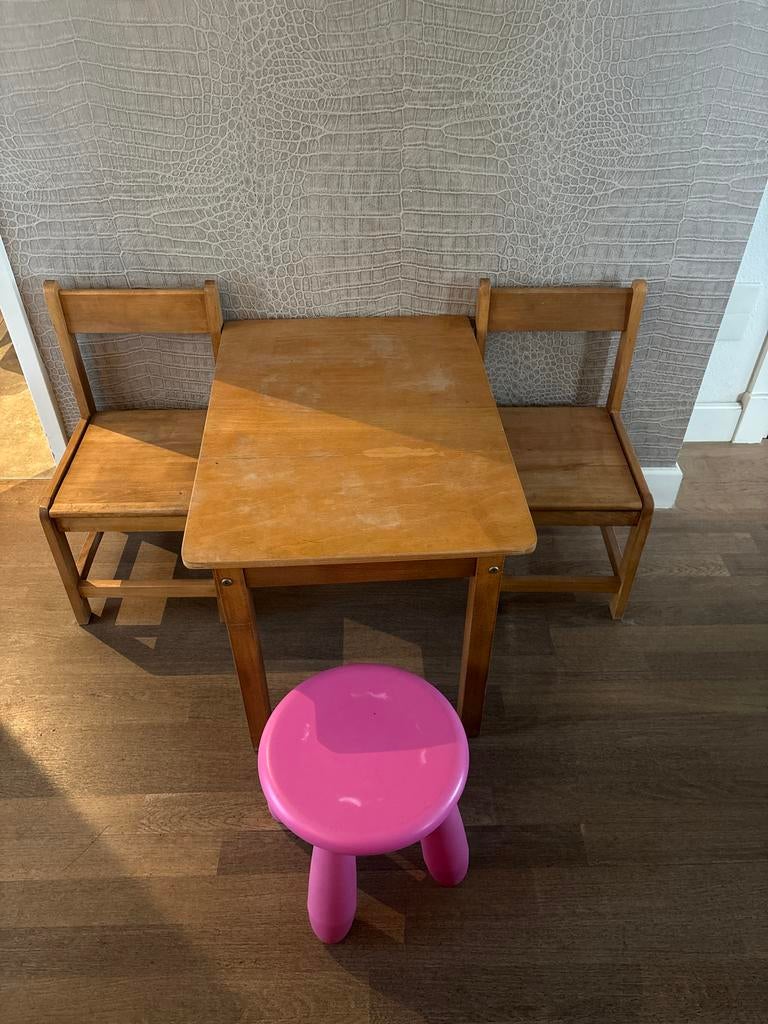 Houten tafel set kinderen + roze ikea krukje, Ophalen, Gebruikt, Tafel(s) en Stoel(en)