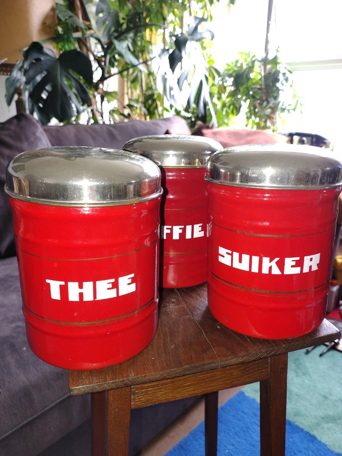 Vintage rode voorraadblikken (set van 3), Ophalen of Verzenden