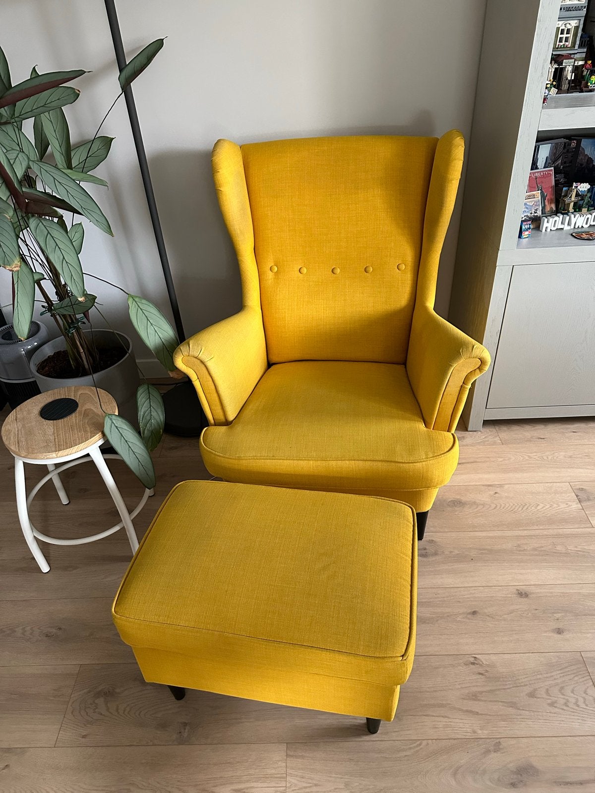 Ikea Strandmon Gele oorfauteuil met voetenbank, Ophalen, Gebruikt, Stof, 75 tot 100 cm