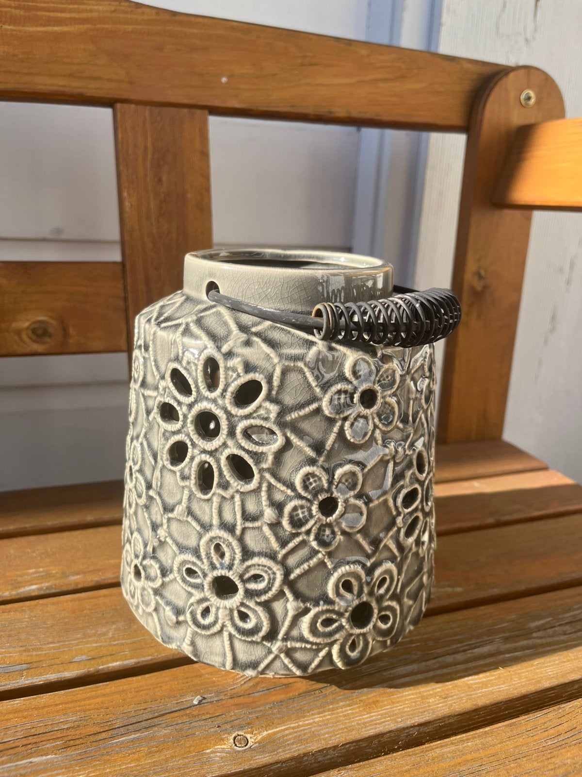 Decoratief windlicht lantaarn met bloemenpatroon - grijs, Ophalen of Verzenden