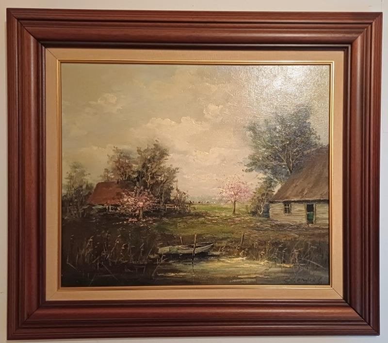 Olieverf schilderij doek landschap bootje van,G.J. Ernens,, Antiek en Kunst, Ophalen, Nederlandse school, Doek, Landschap